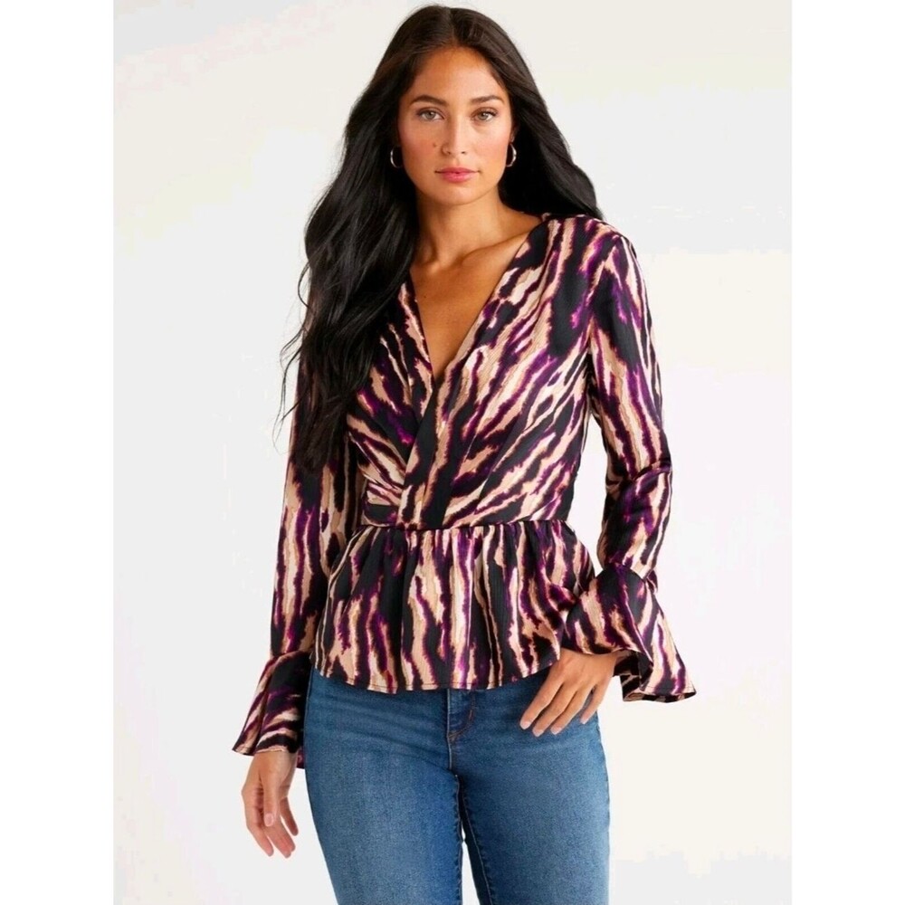 Sofia Vergara Womens Purple Print Long-Sleeve Peplum Drape Knot Top Size L NWT